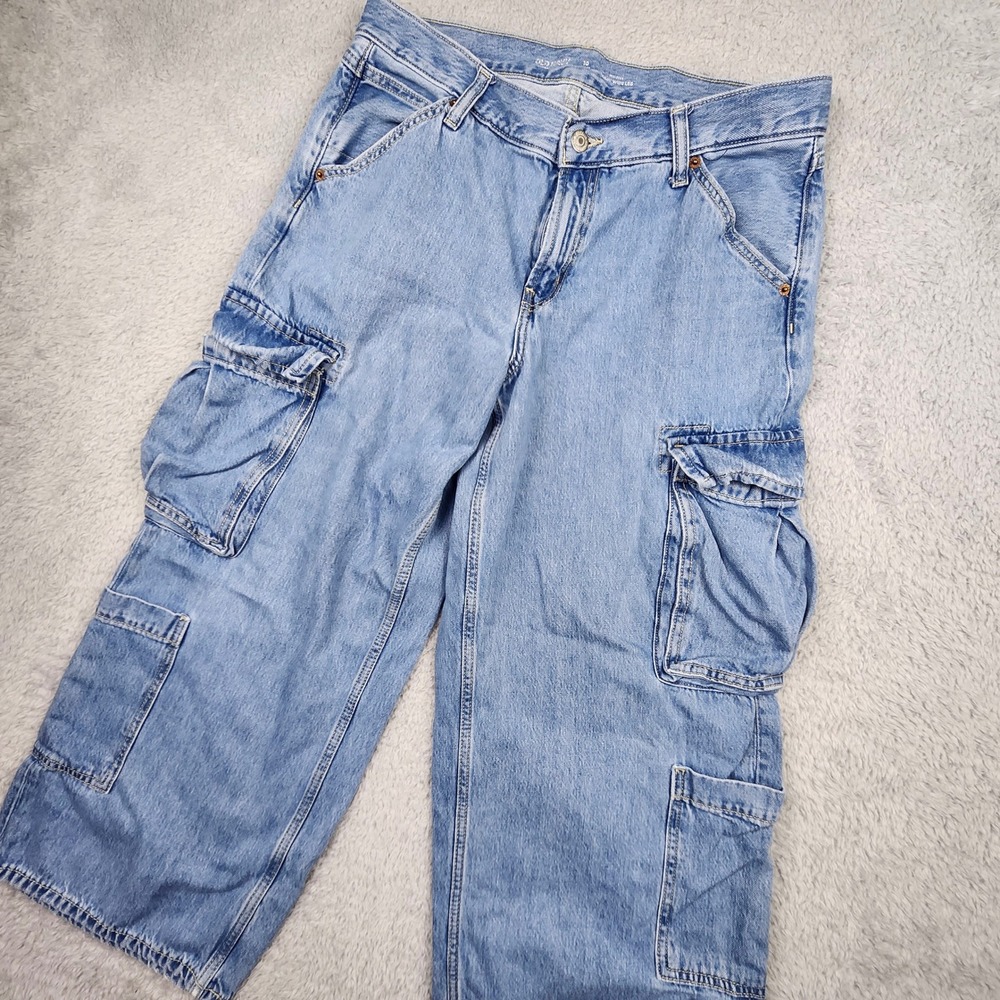 Old Navy Drapey Denim Baggy Wide Leg Cargo Pants Womens 10P Blue Y2K Streetwear